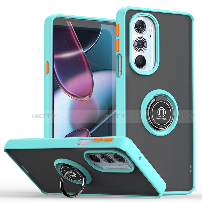 Funda Bumper Silicona y Plastico Mate Carcasa con Magnetico Anillo de dedo Soporte S04 para Motorola Moto Edge 30 Pro 5G Cian