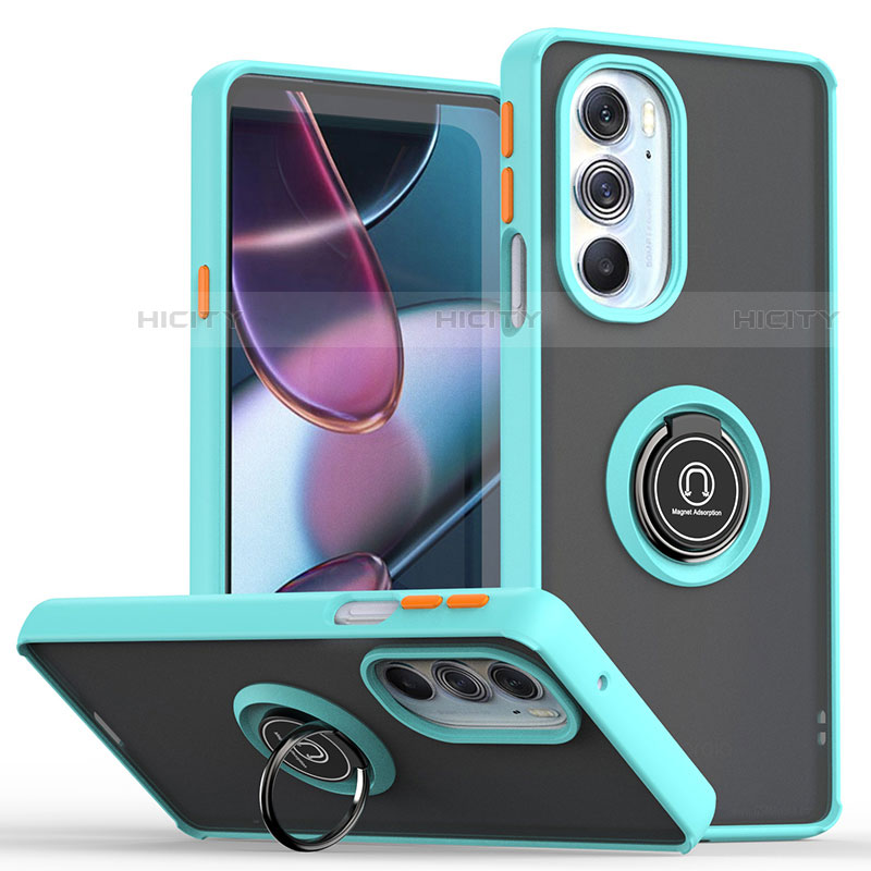 Funda Bumper Silicona y Plastico Mate Carcasa con Magnetico Anillo de dedo Soporte S04 para Motorola Moto Edge Plus (2022) 5G Cian