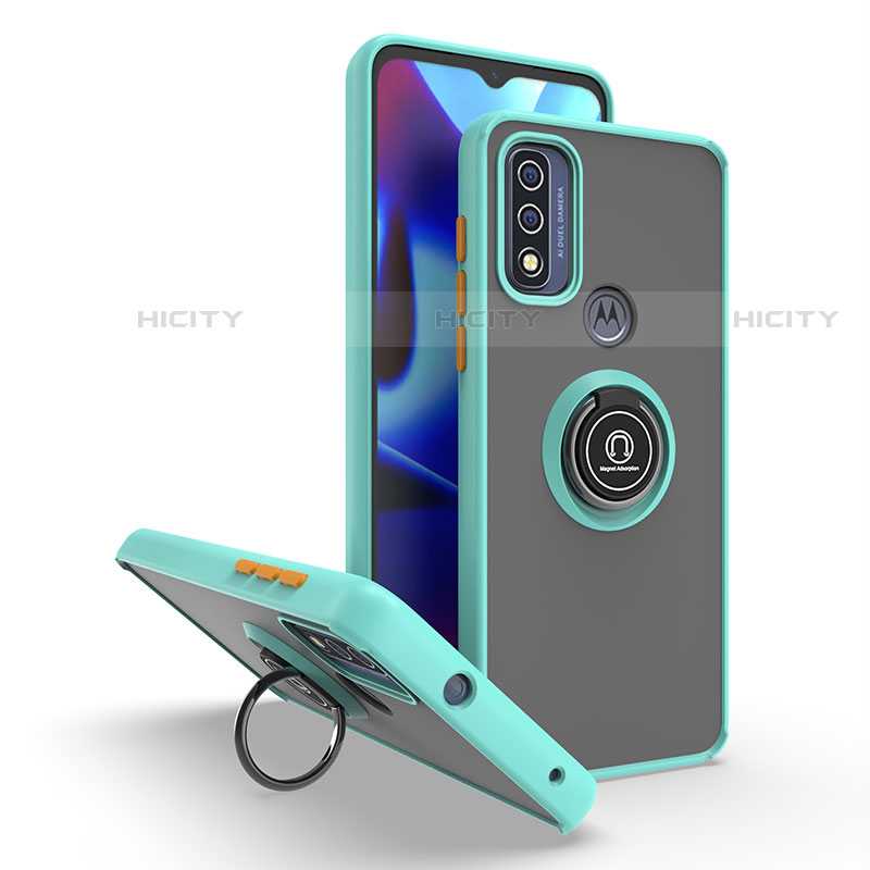 Funda Bumper Silicona y Plastico Mate Carcasa con Magnetico Anillo de dedo Soporte S04 para Motorola Moto G Pure Cian