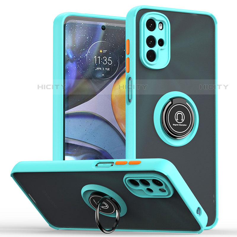 Funda Bumper Silicona y Plastico Mate Carcasa con Magnetico Anillo de dedo Soporte S04 para Motorola Moto G22 Cian