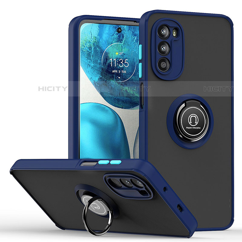 Funda Bumper Silicona y Plastico Mate Carcasa con Magnetico Anillo de dedo Soporte S04 para Motorola Moto G82 5G Azul