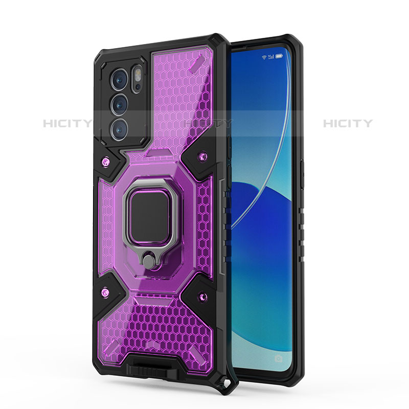 Funda Bumper Silicona y Plastico Mate Carcasa con Magnetico Anillo de dedo Soporte S04 para Oppo Reno6 Pro 5G India Morado