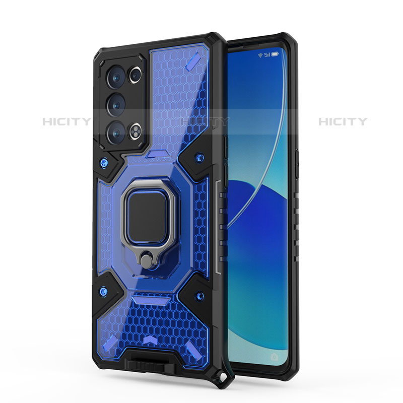 Funda Bumper Silicona y Plastico Mate Carcasa con Magnetico Anillo de dedo Soporte S04 para Oppo Reno6 Pro+ Plus 5G Azul