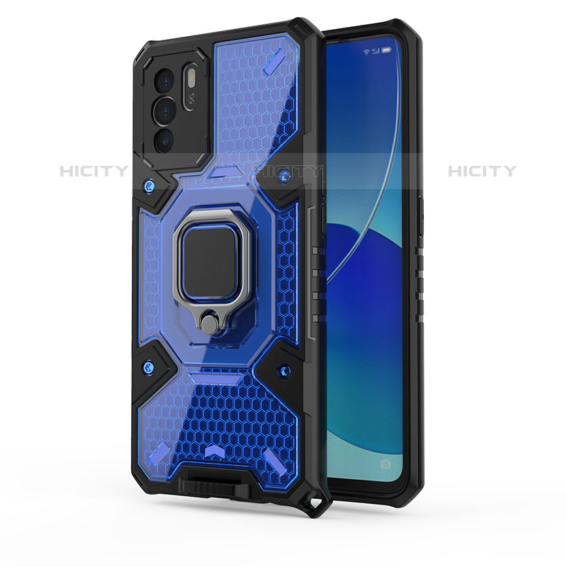 Funda Bumper Silicona y Plastico Mate Carcasa con Magnetico Anillo de dedo Soporte S04 para Oppo Reno6 Z 5G Azul