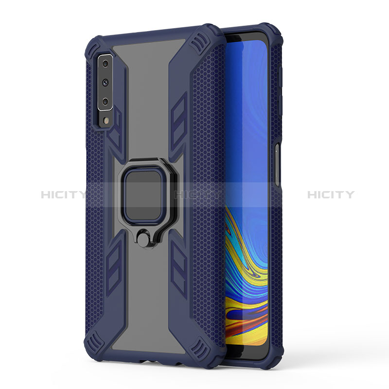 Funda Bumper Silicona y Plastico Mate Carcasa con Magnetico Anillo de dedo Soporte S04 para Samsung Galaxy A7 (2018) A750 Azul