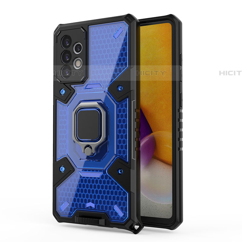 Funda Bumper Silicona y Plastico Mate Carcasa con Magnetico Anillo de dedo Soporte S04 para Samsung Galaxy A72 4G Azul