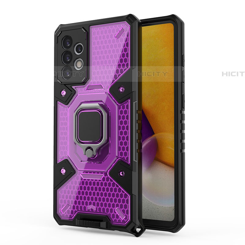 Funda Bumper Silicona y Plastico Mate Carcasa con Magnetico Anillo de dedo Soporte S04 para Samsung Galaxy A72 4G Morado