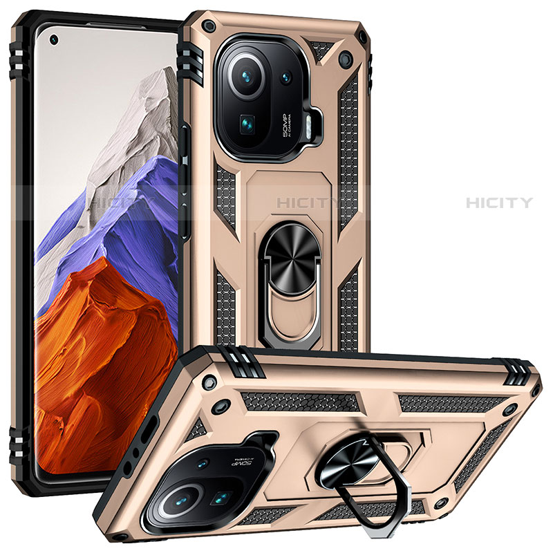 Funda Bumper Silicona y Plastico Mate Carcasa con Magnetico Anillo de dedo Soporte S04 para Xiaomi Mi 11 Pro 5G Oro