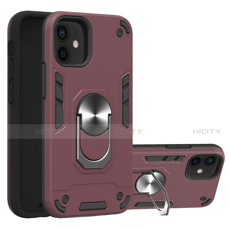 Funda Bumper Silicona y Plastico Mate Carcasa con Magnetico Anillo de dedo Soporte S05 para Apple iPhone 12 Mini Rojo Rosa