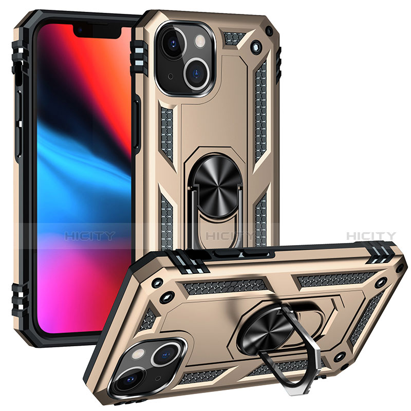 Funda Bumper Silicona y Plastico Mate Carcasa con Magnetico Anillo de dedo Soporte S05 para Apple iPhone 13 Mini Oro