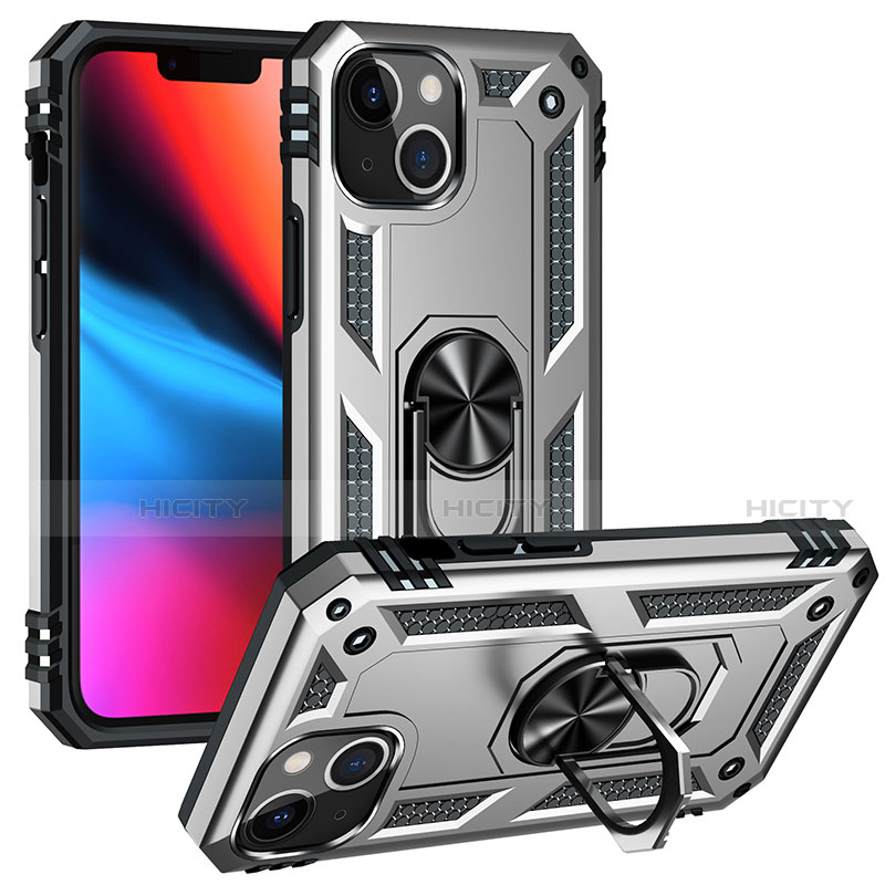 Funda Bumper Silicona y Plastico Mate Carcasa con Magnetico Anillo de dedo Soporte S05 para Apple iPhone 13 Plata