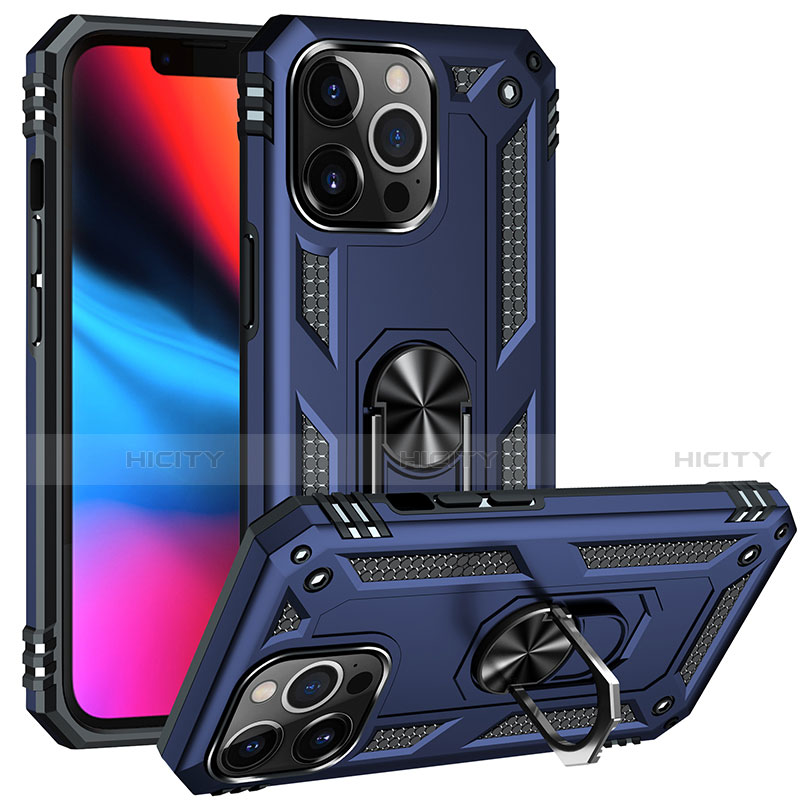 Funda Bumper Silicona y Plastico Mate Carcasa con Magnetico Anillo de dedo Soporte S05 para Apple iPhone 13 Pro Azul