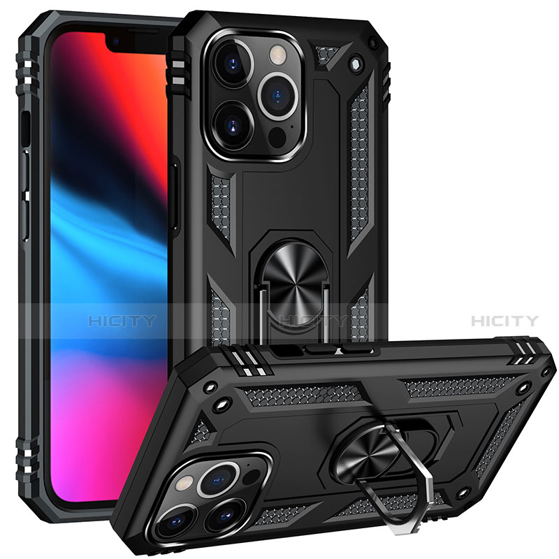 Funda Bumper Silicona y Plastico Mate Carcasa con Magnetico Anillo de dedo Soporte S05 para Apple iPhone 13 Pro Max Negro