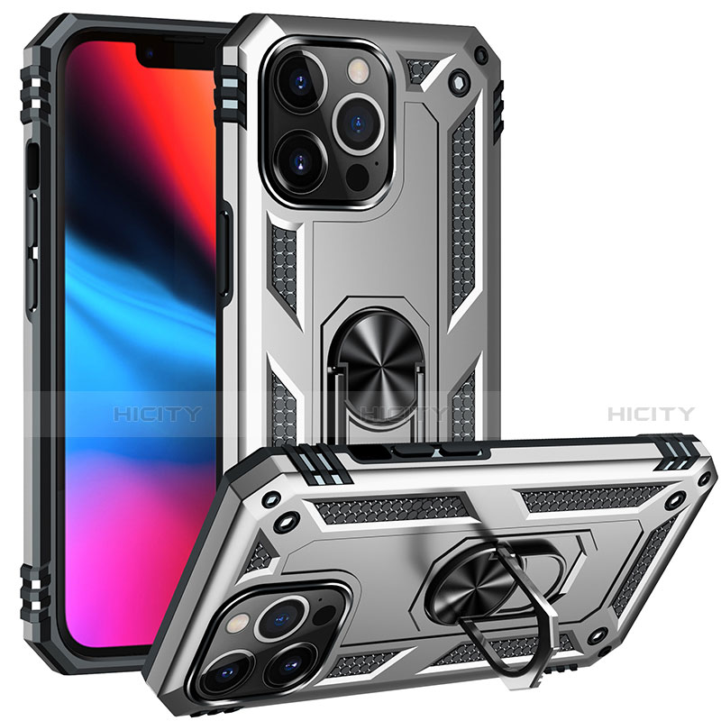 Funda Bumper Silicona y Plastico Mate Carcasa con Magnetico Anillo de dedo Soporte S05 para Apple iPhone 13 Pro Max Plata