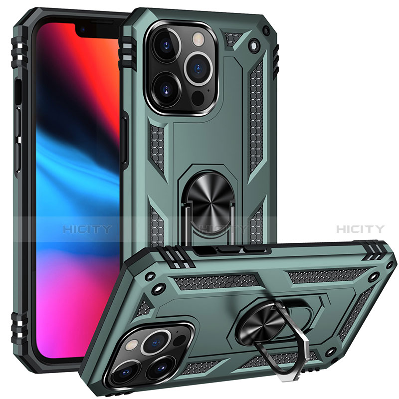 Funda Bumper Silicona y Plastico Mate Carcasa con Magnetico Anillo de dedo Soporte S05 para Apple iPhone 13 Pro Max Verde