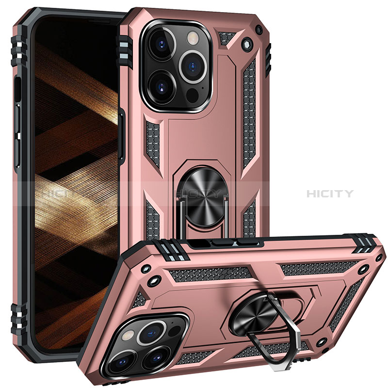 Funda Bumper Silicona y Plastico Mate Carcasa con Magnetico Anillo de dedo Soporte S05 para Apple iPhone 14 Pro Max Oro Rosa