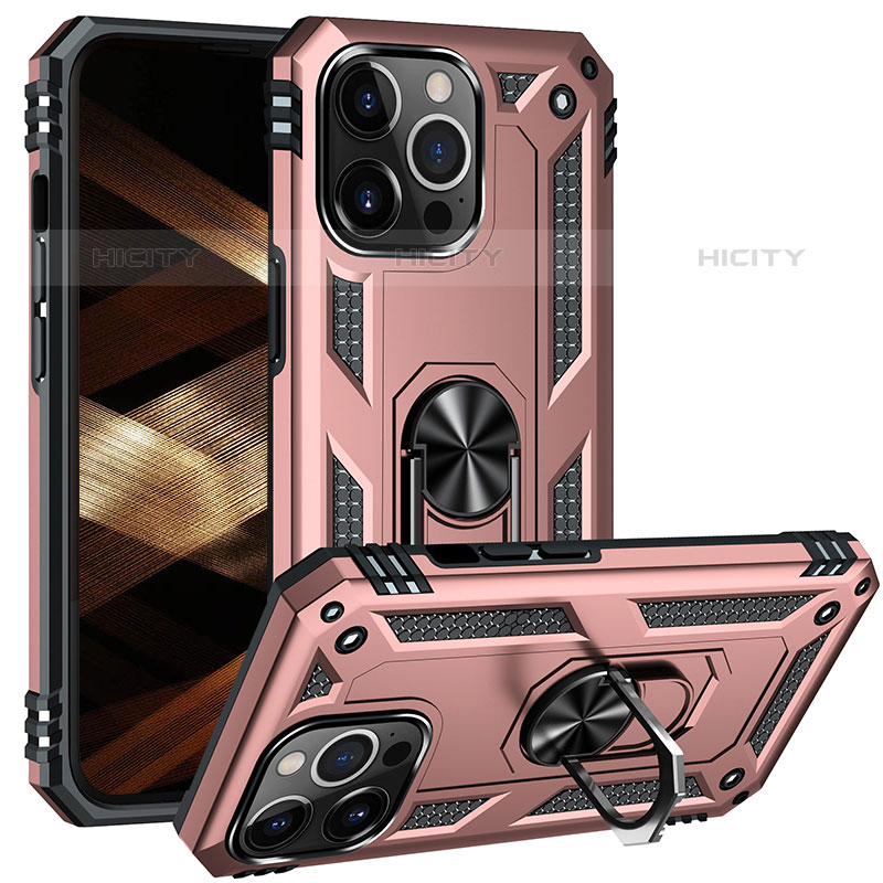 Funda Bumper Silicona y Plastico Mate Carcasa con Magnetico Anillo de dedo Soporte S05 para Apple iPhone 15 Pro Oro Rosa