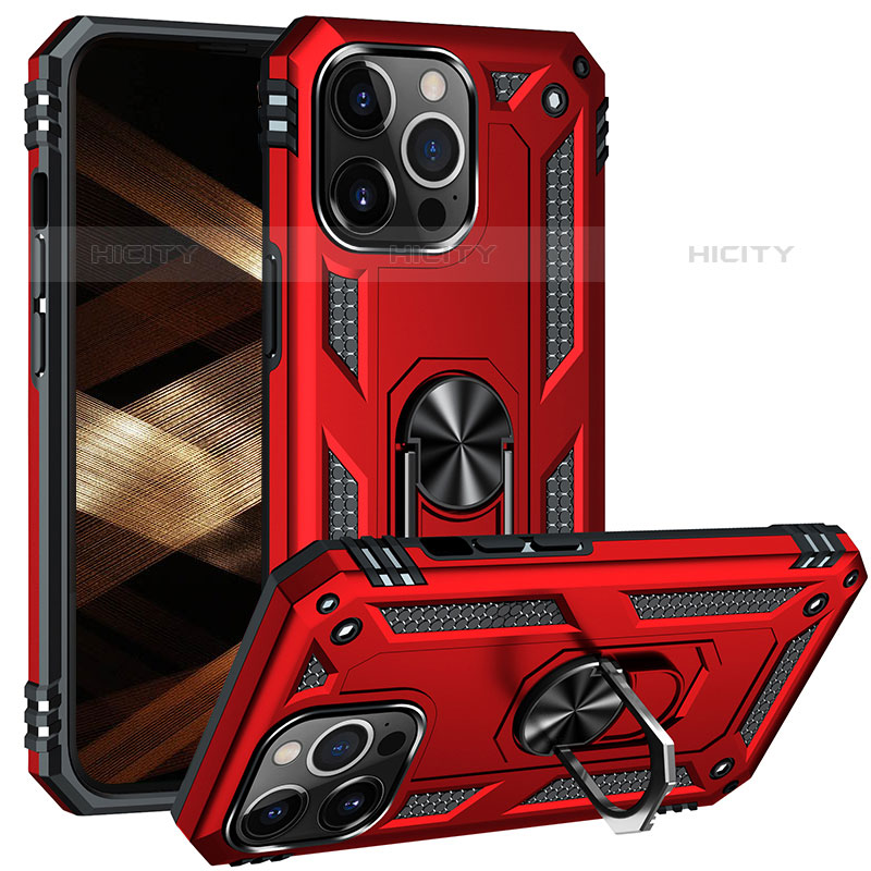 Funda Bumper Silicona y Plastico Mate Carcasa con Magnetico Anillo de dedo Soporte S05 para Apple iPhone 15 Pro Rojo