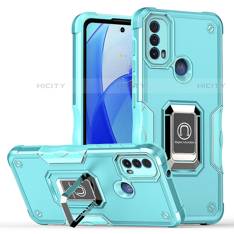 Funda Bumper Silicona y Plastico Mate Carcasa con Magnetico Anillo de dedo Soporte S05 para Motorola Moto E30 Cian