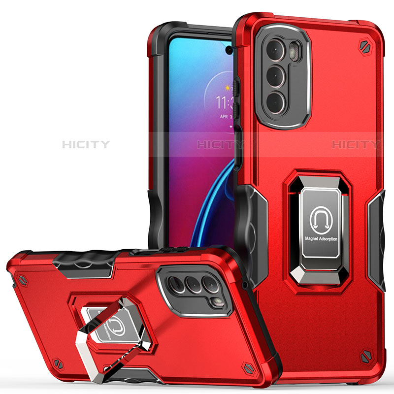 Funda Bumper Silicona y Plastico Mate Carcasa con Magnetico Anillo de dedo Soporte S05 para Motorola Moto G Stylus (2022) 4G Rojo