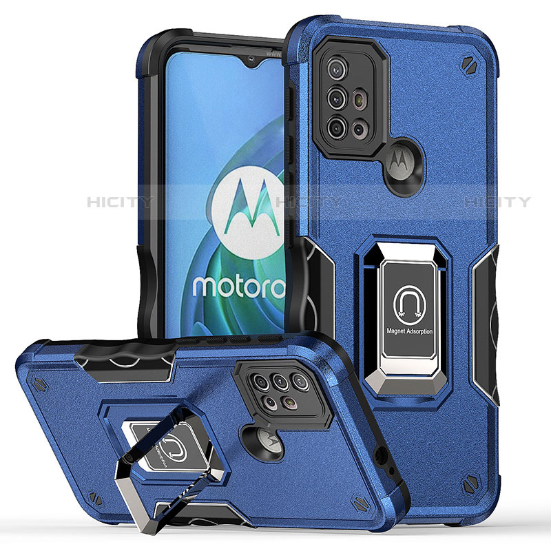 Funda Bumper Silicona y Plastico Mate Carcasa con Magnetico Anillo de dedo Soporte S05 para Motorola Moto G10 Azul