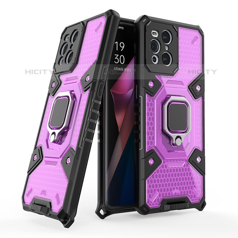 Funda Bumper Silicona y Plastico Mate Carcasa con Magnetico Anillo de dedo Soporte S05 para Oppo Find X3 Pro 5G Morado