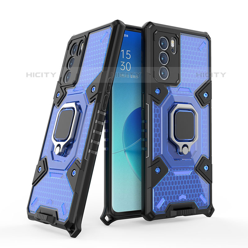 Funda Bumper Silicona y Plastico Mate Carcasa con Magnetico Anillo de dedo Soporte S05 para Oppo Reno6 Pro 5G India Azul