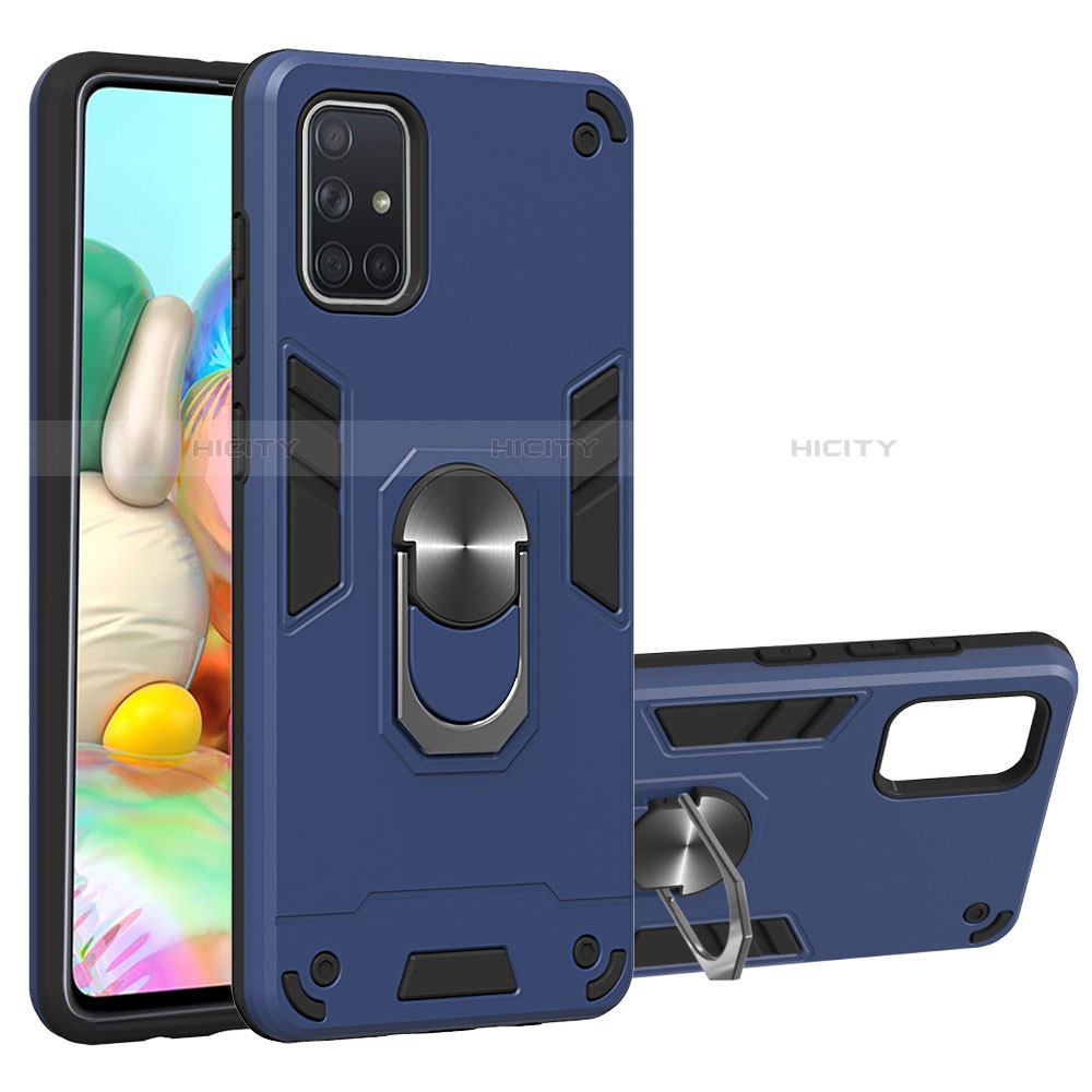 Funda Bumper Silicona y Plastico Mate Carcasa con Magnetico Anillo de dedo Soporte S05 para Samsung Galaxy A71 5G Azul