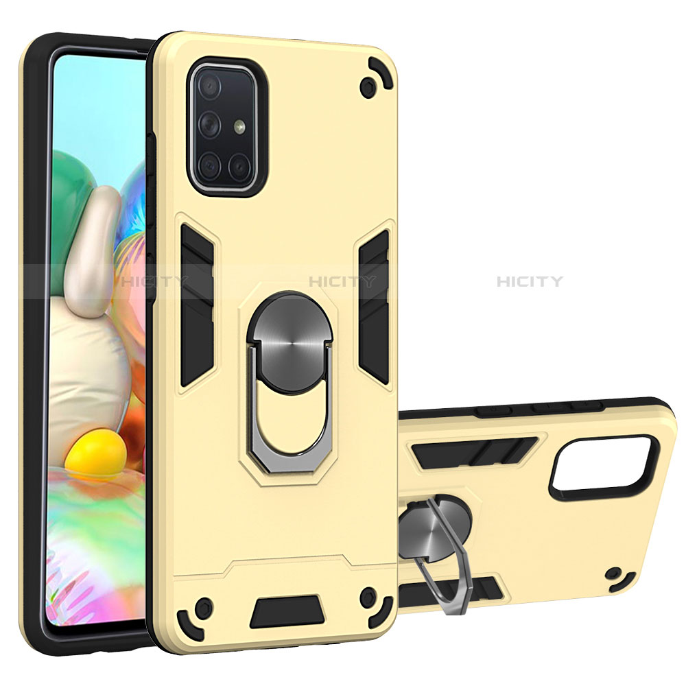 Funda Bumper Silicona y Plastico Mate Carcasa con Magnetico Anillo de dedo Soporte S05 para Samsung Galaxy A71 5G Oro