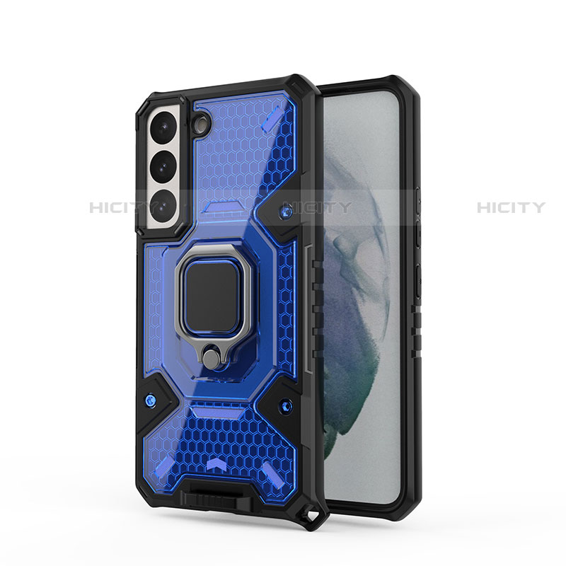 Funda Bumper Silicona y Plastico Mate Carcasa con Magnetico Anillo de dedo Soporte S05 para Samsung Galaxy S21 Plus 5G Azul