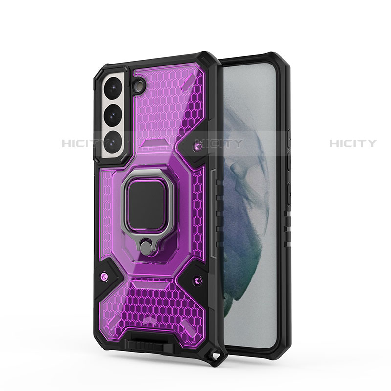 Funda Bumper Silicona y Plastico Mate Carcasa con Magnetico Anillo de dedo Soporte S05 para Samsung Galaxy S22 Plus 5G Morado