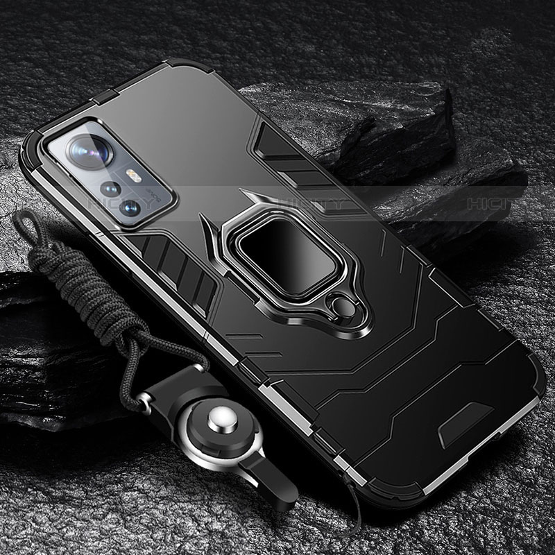 Funda Bumper Silicona y Plastico Mate Carcasa con Magnetico Anillo de dedo Soporte S05 para Xiaomi Mi 12S Pro 5G Negro