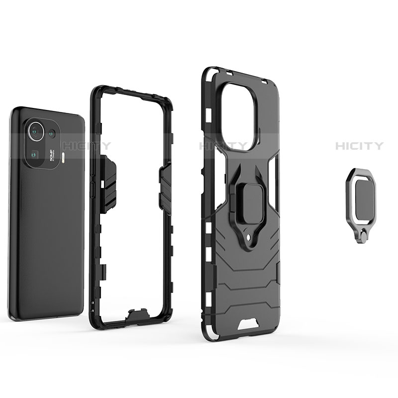 Funda Bumper Silicona y Plastico Mate Carcasa con Magnetico Anillo de dedo Soporte S05K para Xiaomi Mi 11 Pro 5G