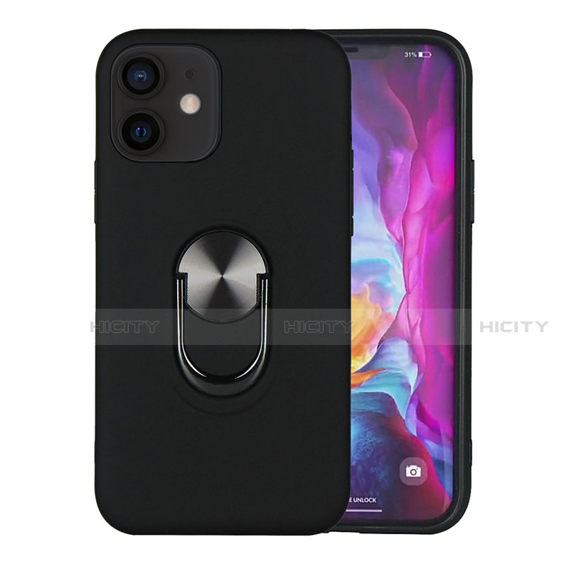 Funda Bumper Silicona y Plastico Mate Carcasa con Magnetico Anillo de dedo Soporte S06 para Apple iPhone 12 Mini Negro