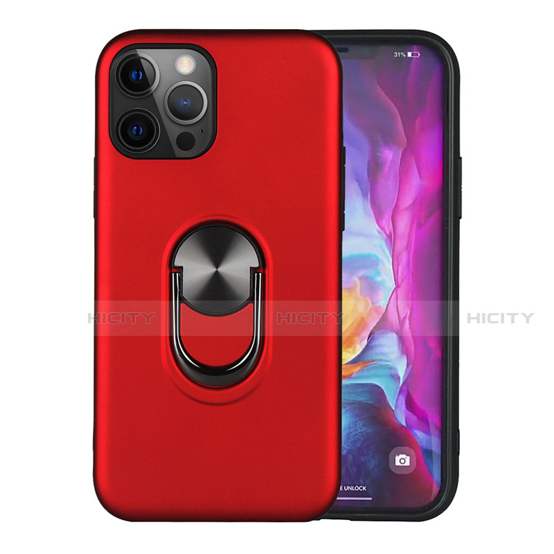 Funda Bumper Silicona y Plastico Mate Carcasa con Magnetico Anillo de dedo Soporte S06 para Apple iPhone 12 Pro Max Rojo