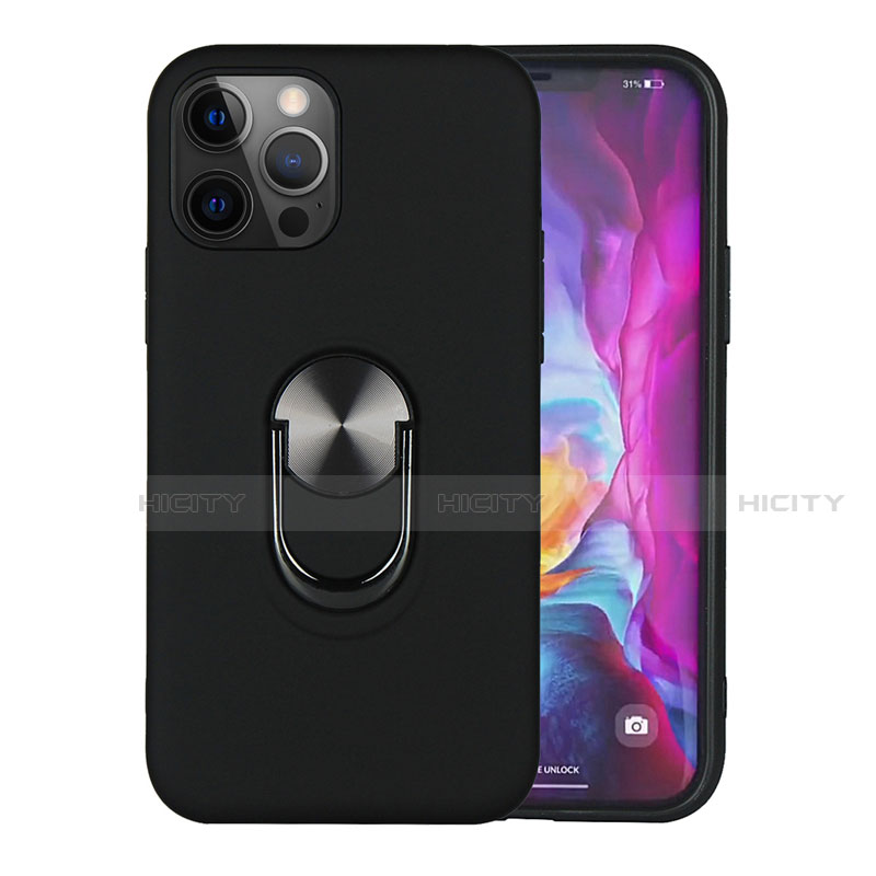 Funda Bumper Silicona y Plastico Mate Carcasa con Magnetico Anillo de dedo Soporte S06 para Apple iPhone 12 Pro Negro