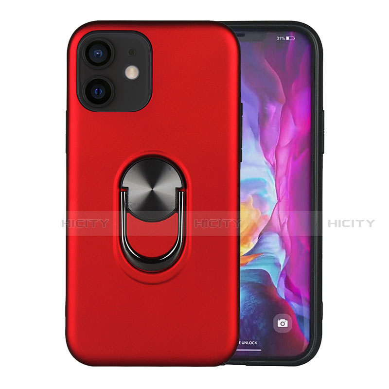 Funda Bumper Silicona y Plastico Mate Carcasa con Magnetico Anillo de dedo Soporte S06 para Apple iPhone 12 Rojo