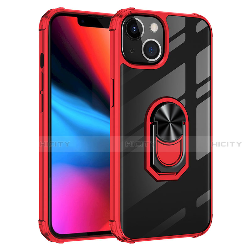 Funda Bumper Silicona y Plastico Mate Carcasa con Magnetico Anillo de dedo Soporte S06 para Apple iPhone 13 Mini Rojo