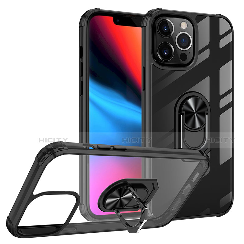 Funda Bumper Silicona y Plastico Mate Carcasa con Magnetico Anillo de dedo Soporte S06 para Apple iPhone 13 Pro