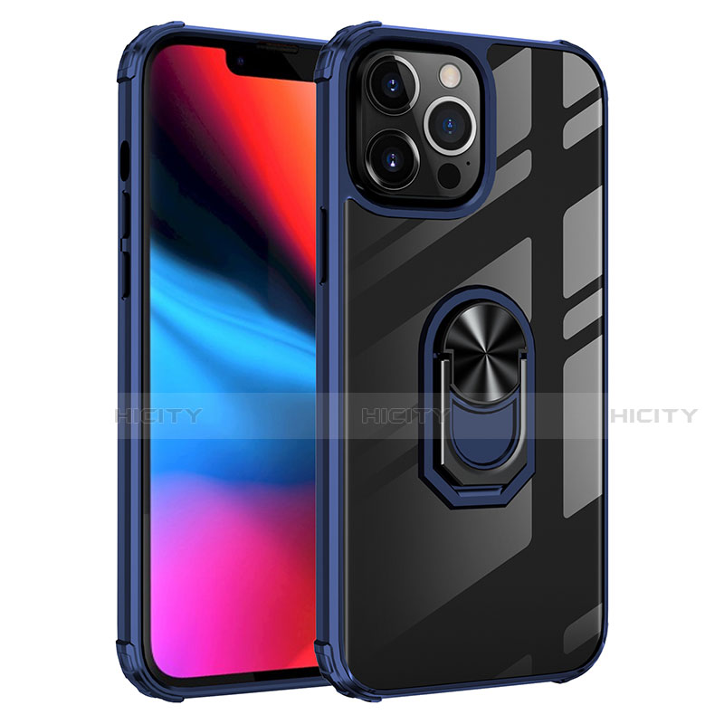 Funda Bumper Silicona y Plastico Mate Carcasa con Magnetico Anillo de dedo Soporte S06 para Apple iPhone 13 Pro Max Azul