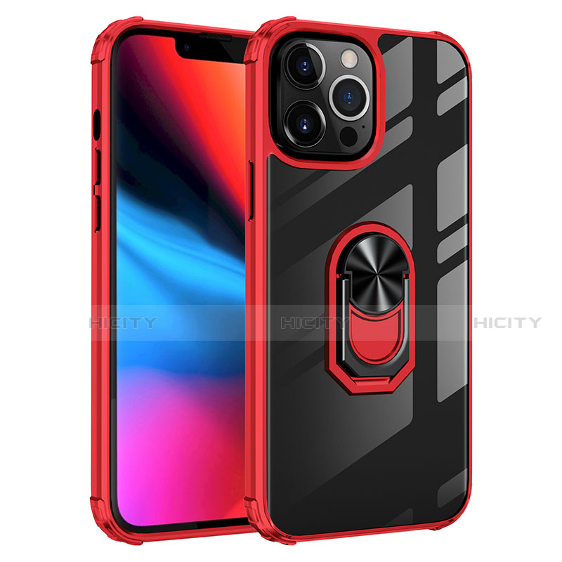 Funda Bumper Silicona y Plastico Mate Carcasa con Magnetico Anillo de dedo Soporte S06 para Apple iPhone 13 Pro Rojo