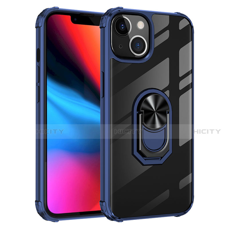 Funda Bumper Silicona y Plastico Mate Carcasa con Magnetico Anillo de dedo Soporte S06 para Apple iPhone 14 Azul