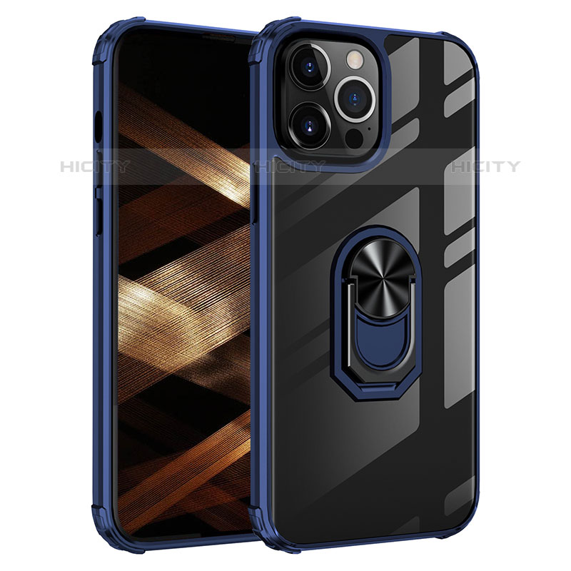 Funda Bumper Silicona y Plastico Mate Carcasa con Magnetico Anillo de dedo Soporte S06 para Apple iPhone 15 Pro Azul