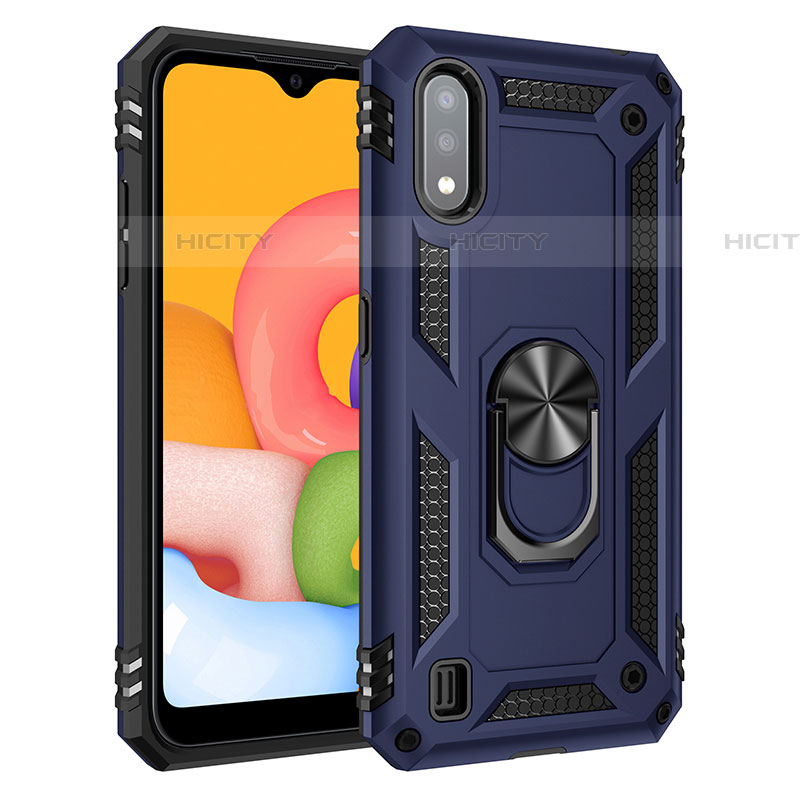 Funda Bumper Silicona y Plastico Mate Carcasa con Magnetico Anillo de dedo Soporte S06 para Samsung Galaxy A01 SM-A015 Azul