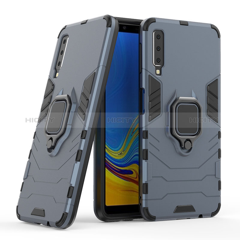 Funda Bumper Silicona y Plastico Mate Carcasa con Magnetico Anillo de dedo Soporte S06 para Samsung Galaxy A7 (2018) A750 Azul