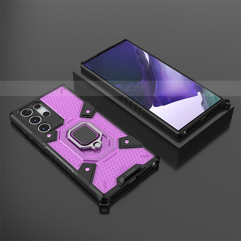 Funda Bumper Silicona y Plastico Mate Carcasa con Magnetico Anillo de dedo Soporte S06 para Samsung Galaxy S21 Ultra 5G Morado