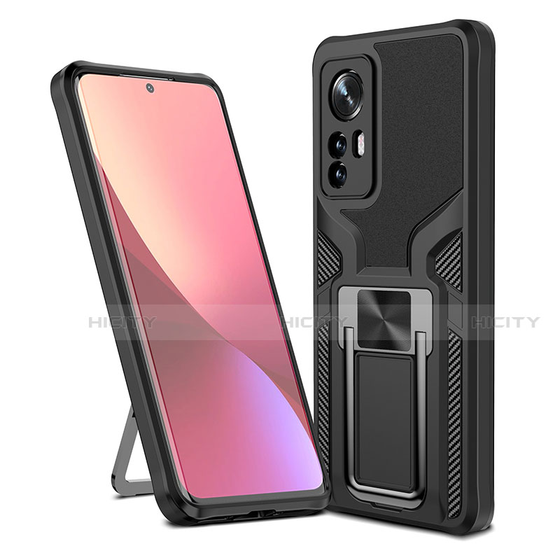 Funda Bumper Silicona y Plastico Mate Carcasa con Magnetico Anillo de dedo Soporte S06 para Xiaomi Mi 12 5G Negro