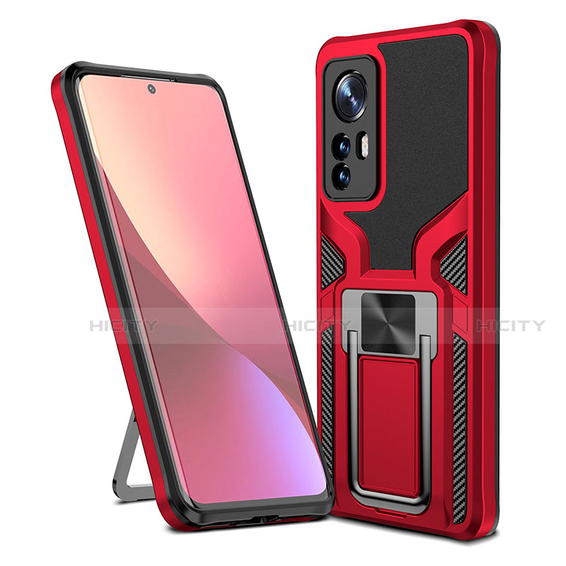 Funda Bumper Silicona y Plastico Mate Carcasa con Magnetico Anillo de dedo Soporte S06 para Xiaomi Mi 12 5G Rojo