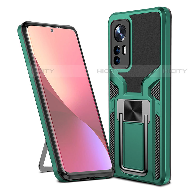 Funda Bumper Silicona y Plastico Mate Carcasa con Magnetico Anillo de dedo Soporte S06 para Xiaomi Mi 12 Pro 5G Verde