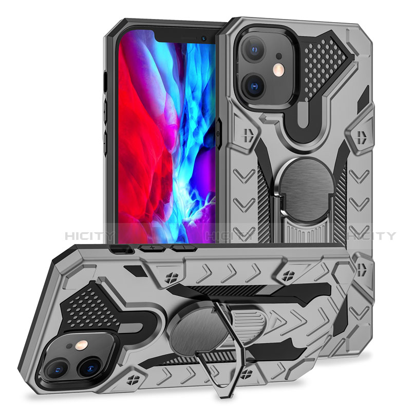 Funda Bumper Silicona y Plastico Mate Carcasa con Magnetico Anillo de dedo Soporte S07 para Apple iPhone 12